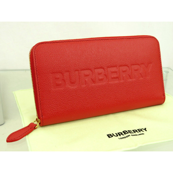 BURBERRY ELMORE RED LOGO EMBOSSED LEATHER ZIP AROUND CLUTCH CONTINENTAL WALLET - Picture 1 of 15